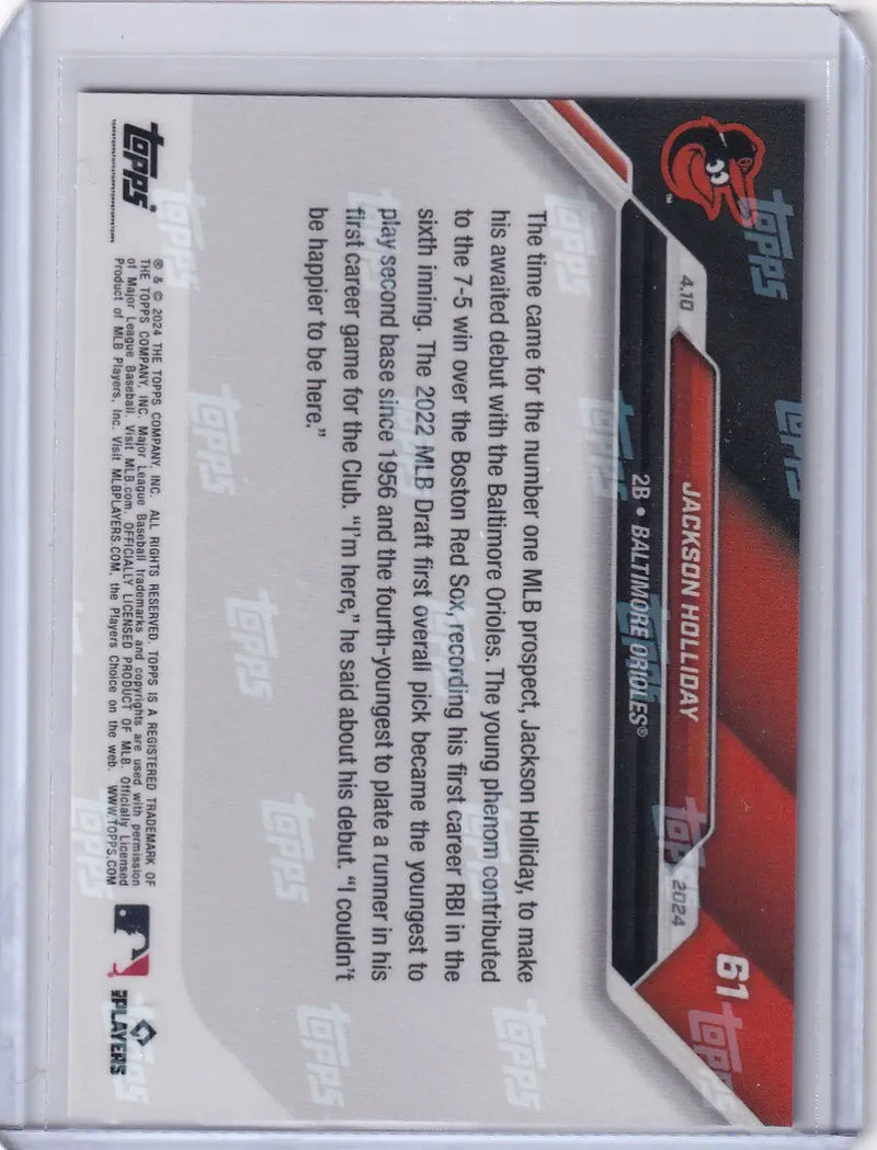 Back side of 2024 TOPPS NOW #61 Jackson Holliday Baltimore Orioles RC trading card