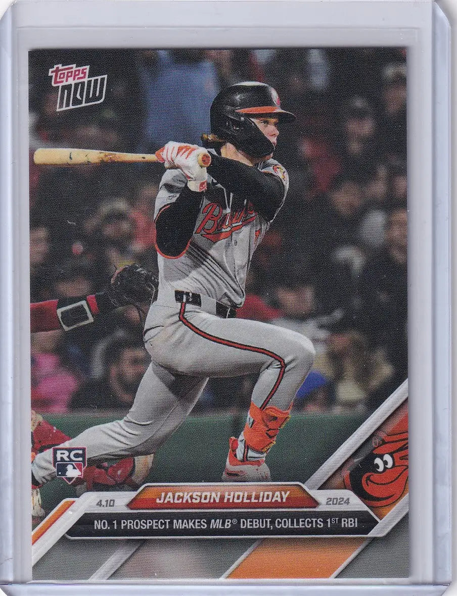 Baseball trading card of Jackson Holliday in batting stance for Baltimore Orioles RC