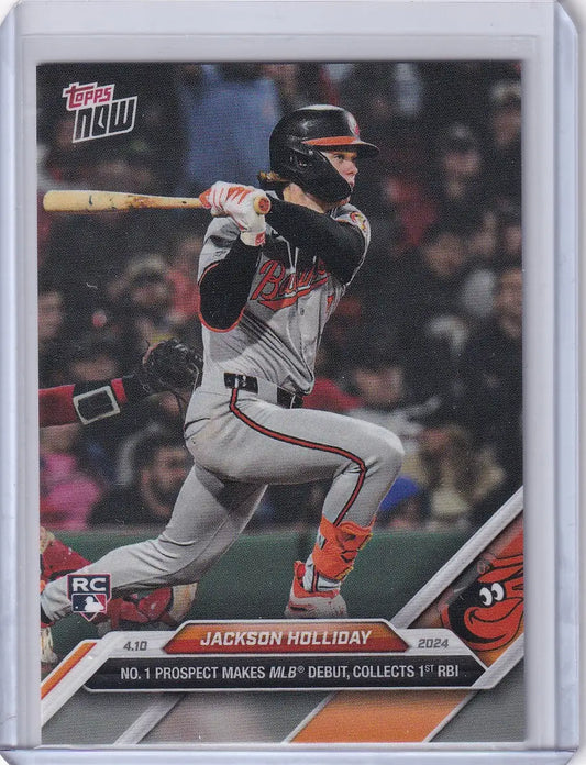 Baseball trading card of Jackson Holliday in batting stance for Baltimore Orioles RC