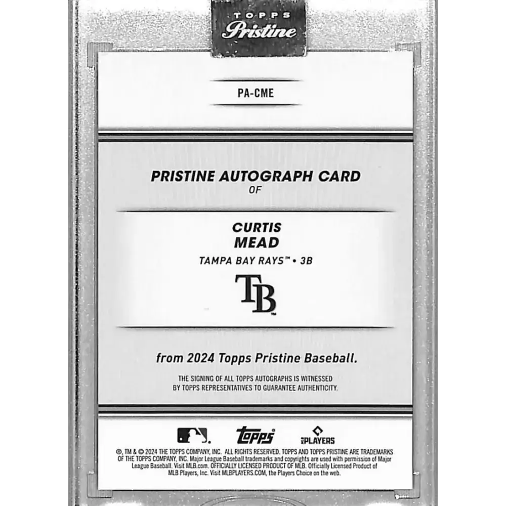2024 Topps Pristine #PA-CME Curtis Mead NM-MT RC Rookie Auto Tampa Bay Rays Baseball Card - Baseball Card Single
