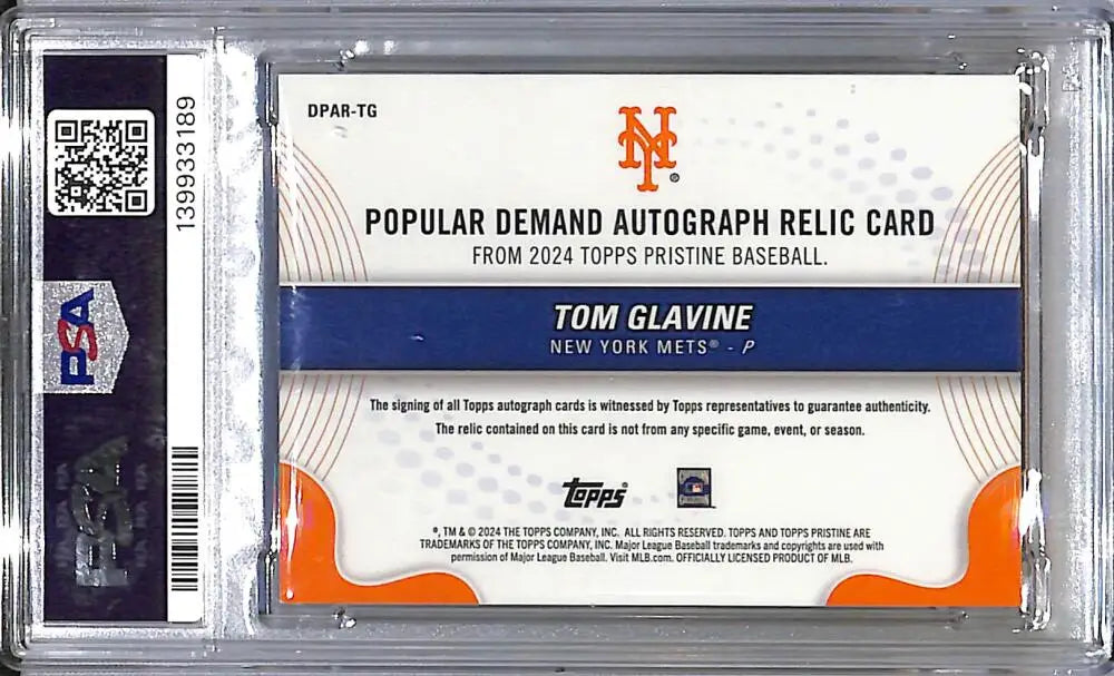 2024 Topps Pristine Popular Demand Orange #DPAR-TG Tom Glavine PSA 8 NM-MT MEM Auto 1/25 New York Mets