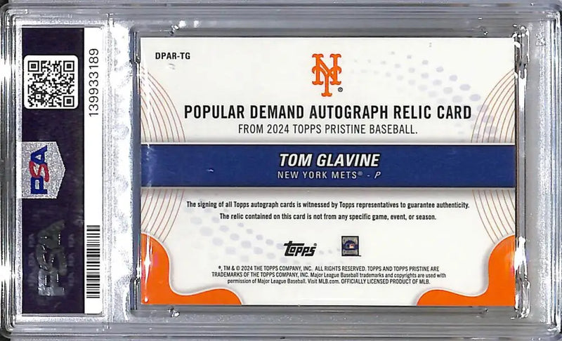 2024 Topps Pristine Popular Demand Orange #DPAR-TG Tom Glavine PSA 8 NM-MT MEM Auto 1/25 New York Mets