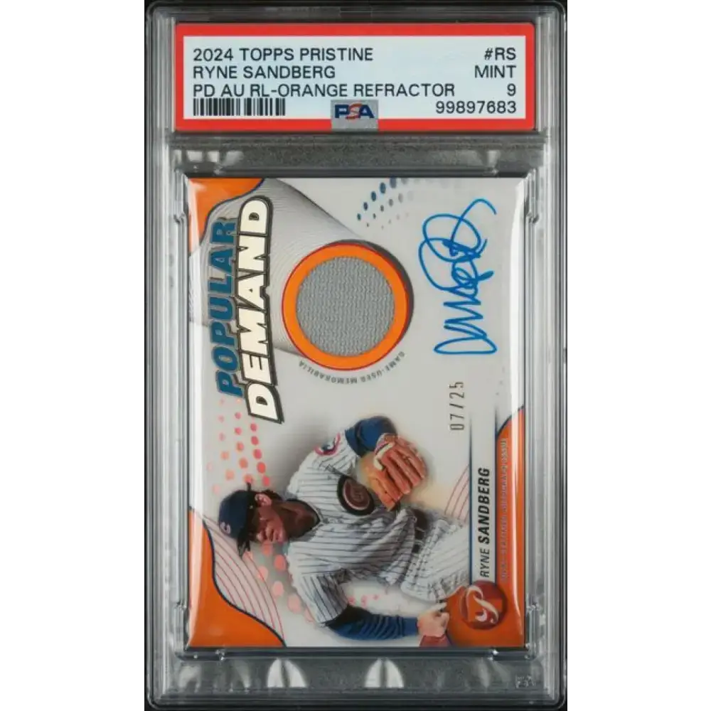 2024 Topps Pristine Popular Demand Orange #RS Ryne Sandberg PSA 9 MINT MEM Auto 7/25 Chicago Cubs Baseball Card