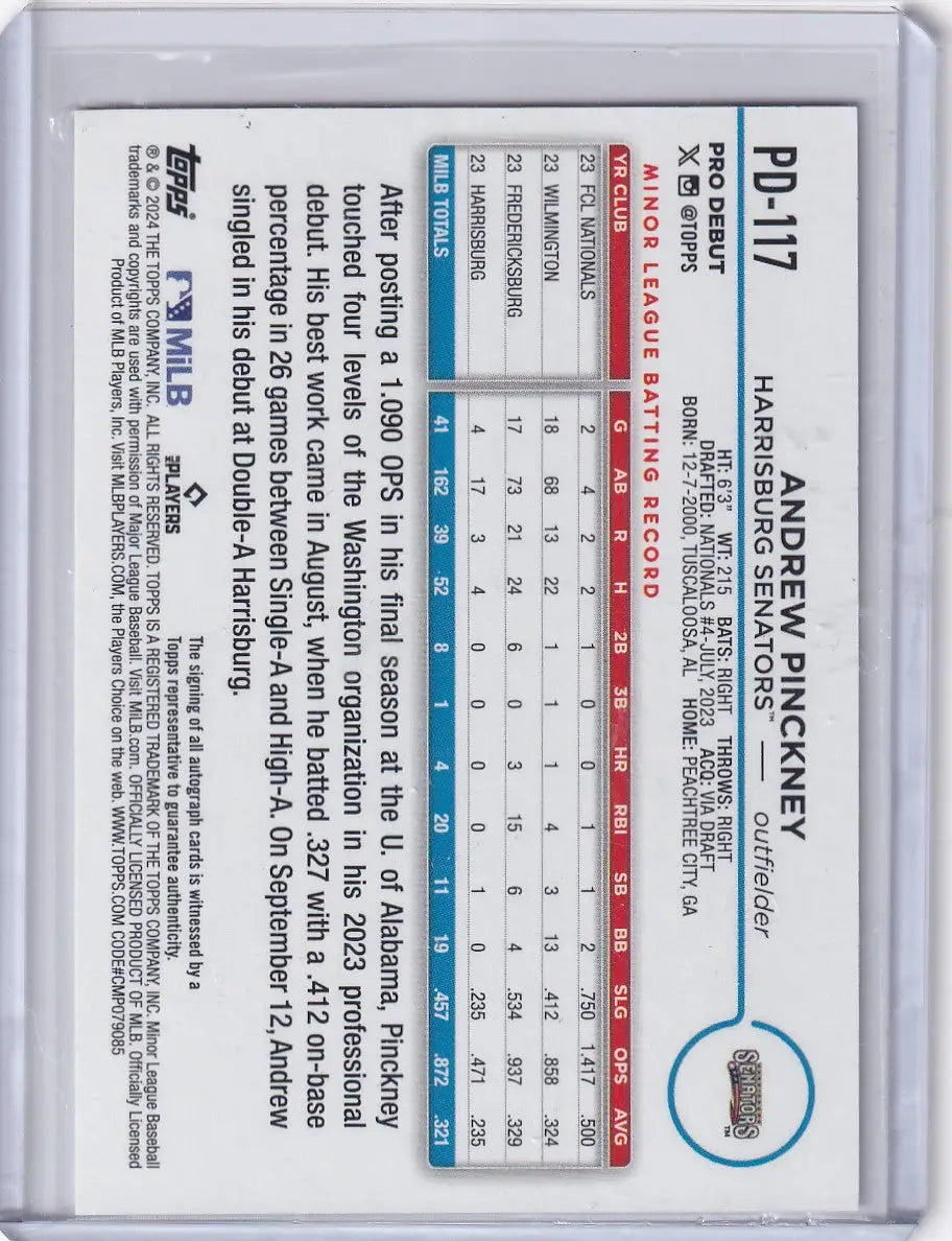 2024 Topps Pro Debut Auto #PD-117 Andrew Pinckney - Senators - Baseball Card Single