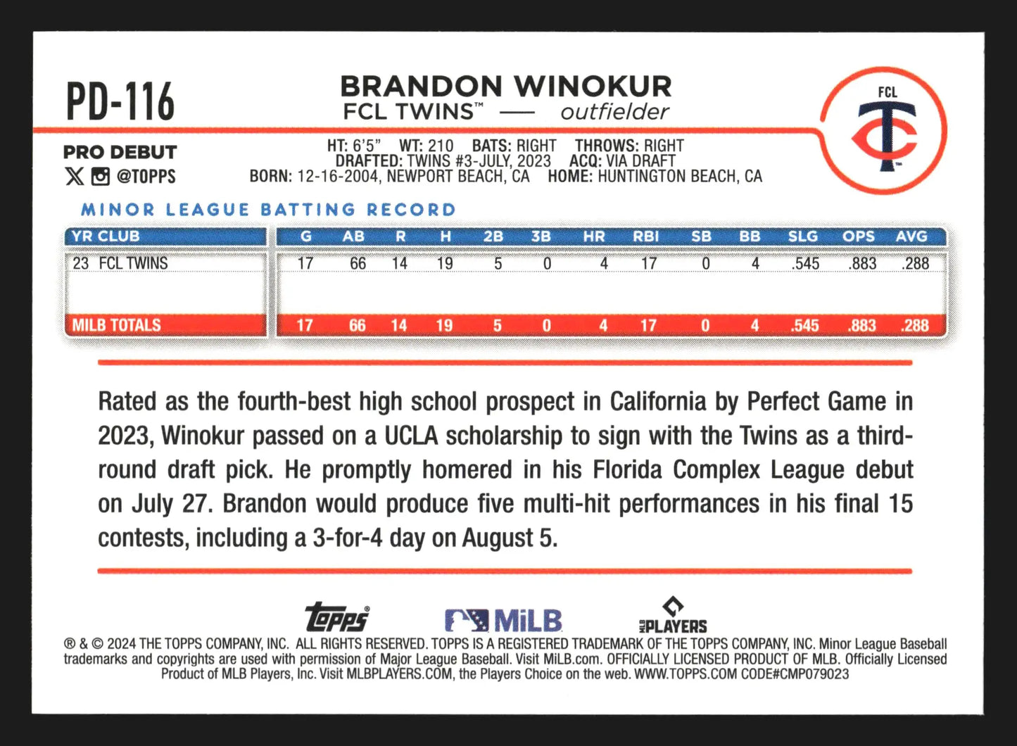 2024 Topps Pro Debut Brandon Winokur #PD-116 FCL Twins - Baseball Card Single