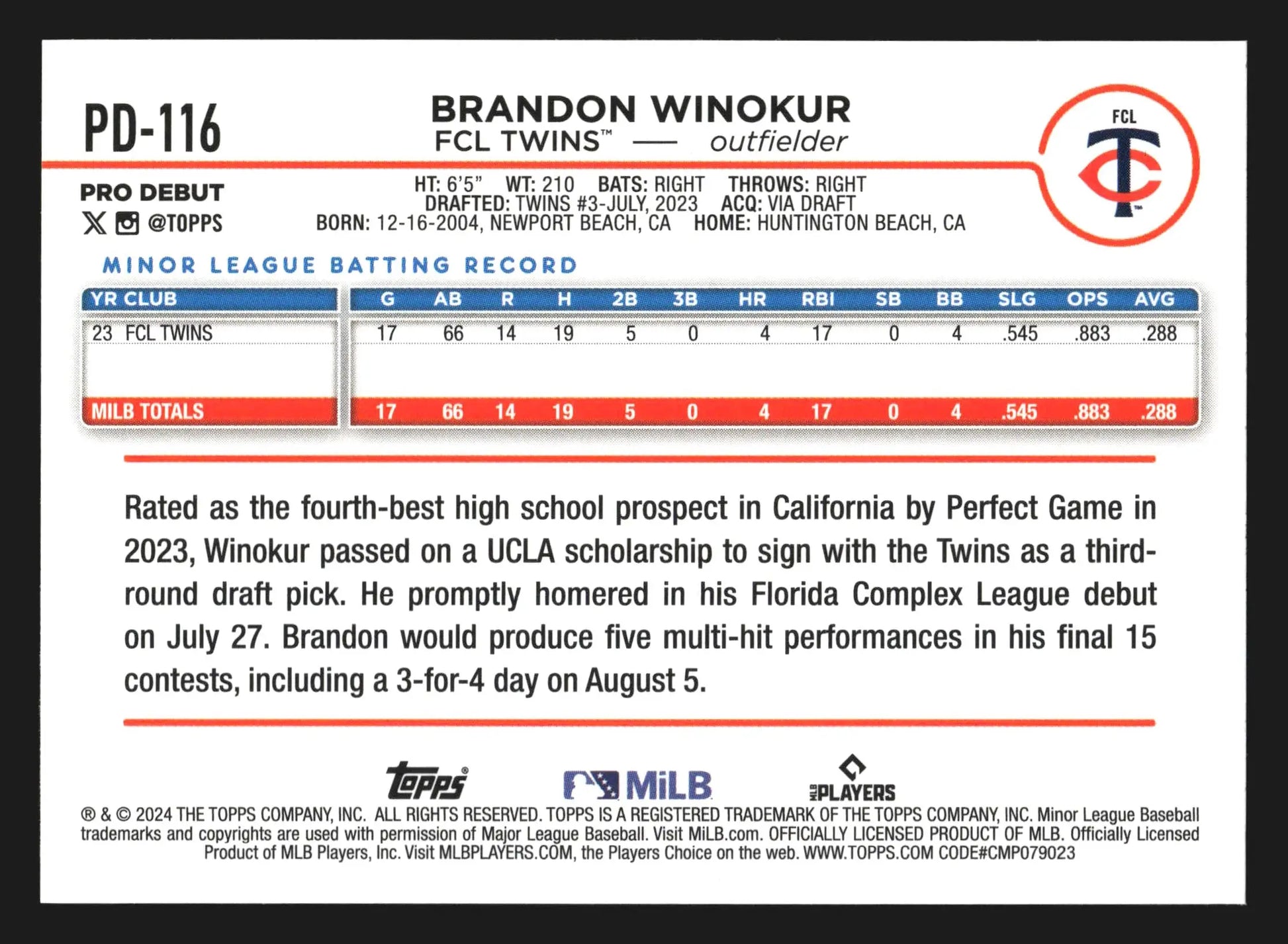 2024 Topps Pro Debut Brandon Winokur #PD-116 FCL Twins - Baseball Card Single
