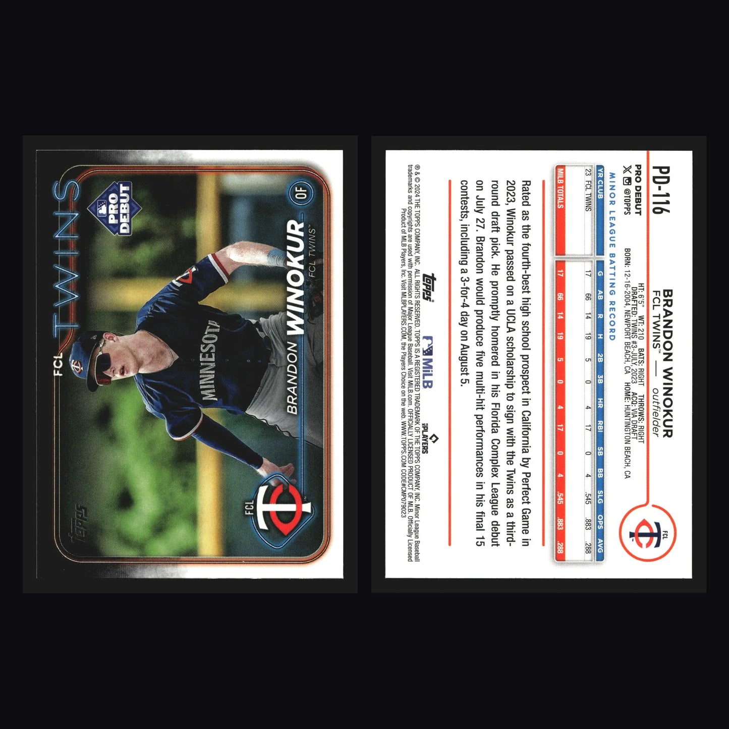 2024 Topps Pro Debut Brandon Winokur #PD-116 FCL Twins - Baseball Card Single