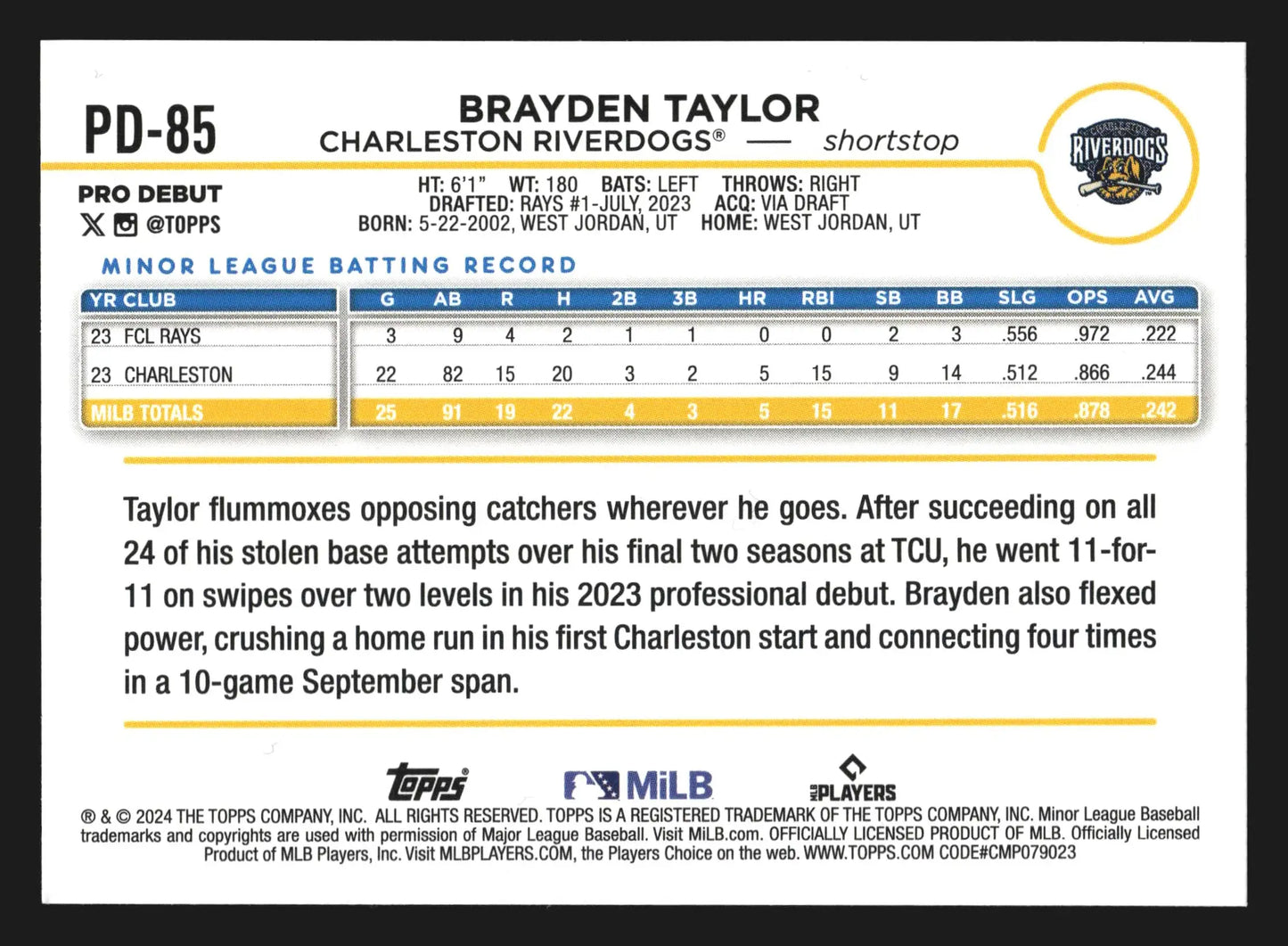 2024 Topps Pro Debut Brayden Taylor #PD-85 Charleston RiverDogs Rays - Baseball Card Single