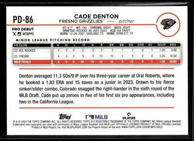 2024 Topps Pro Debut Cade Denton #PD-86 Fresno Grizzlies
