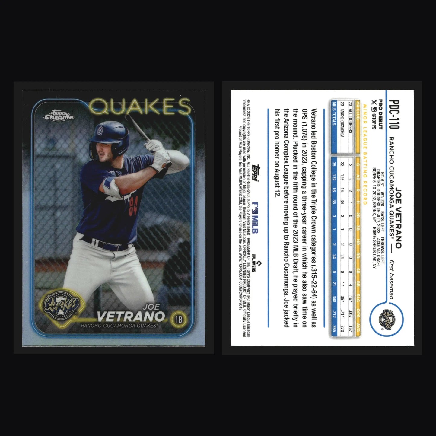 2024 Topps Pro Debut Chrome Joe Vetrano #PDC-110 Refractor Quakes - Baseball Card Single