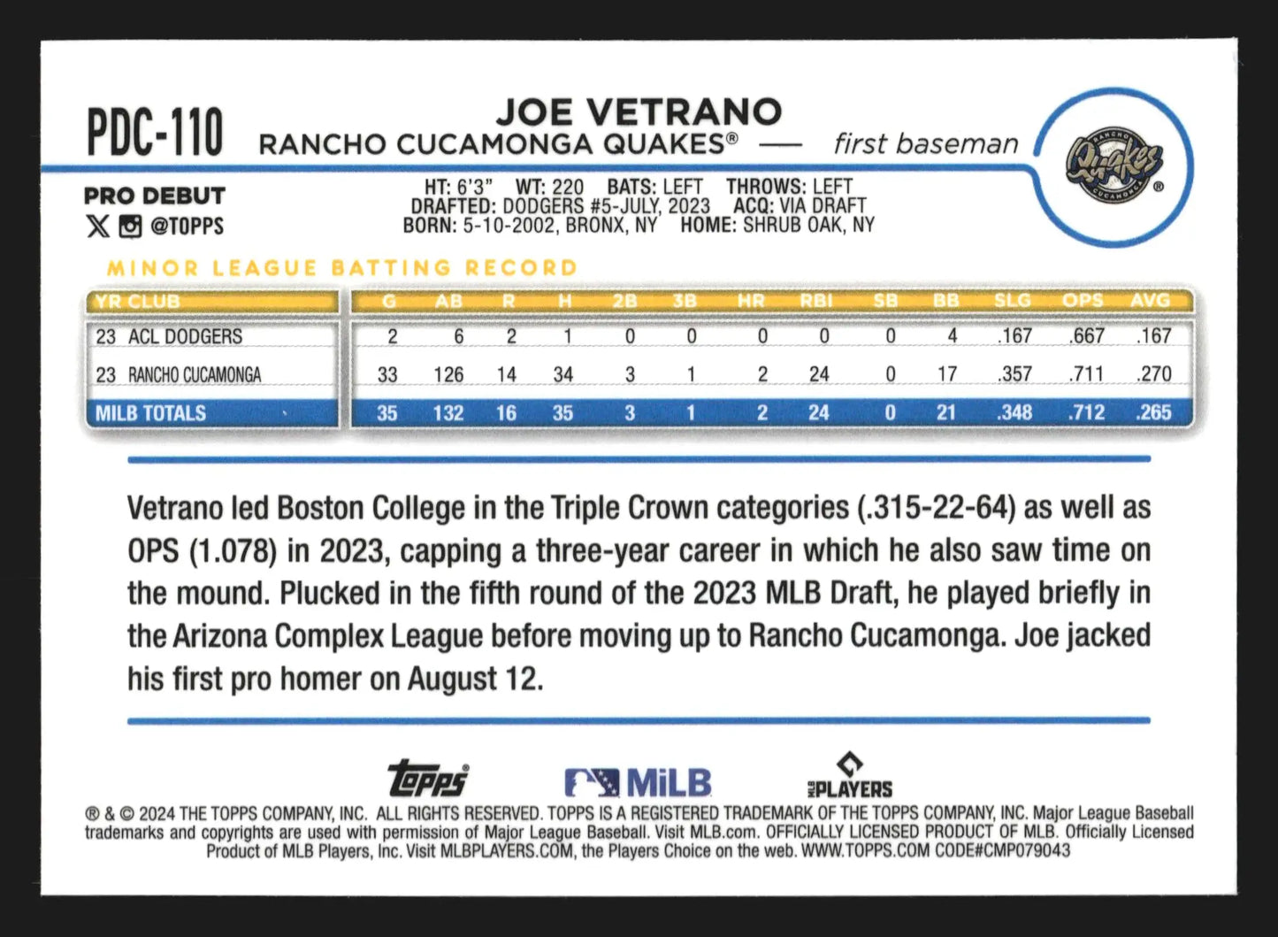 2024 Topps Pro Debut Chrome Joe Vetrano #PDC-110 Refractor Quakes - Baseball Card Single