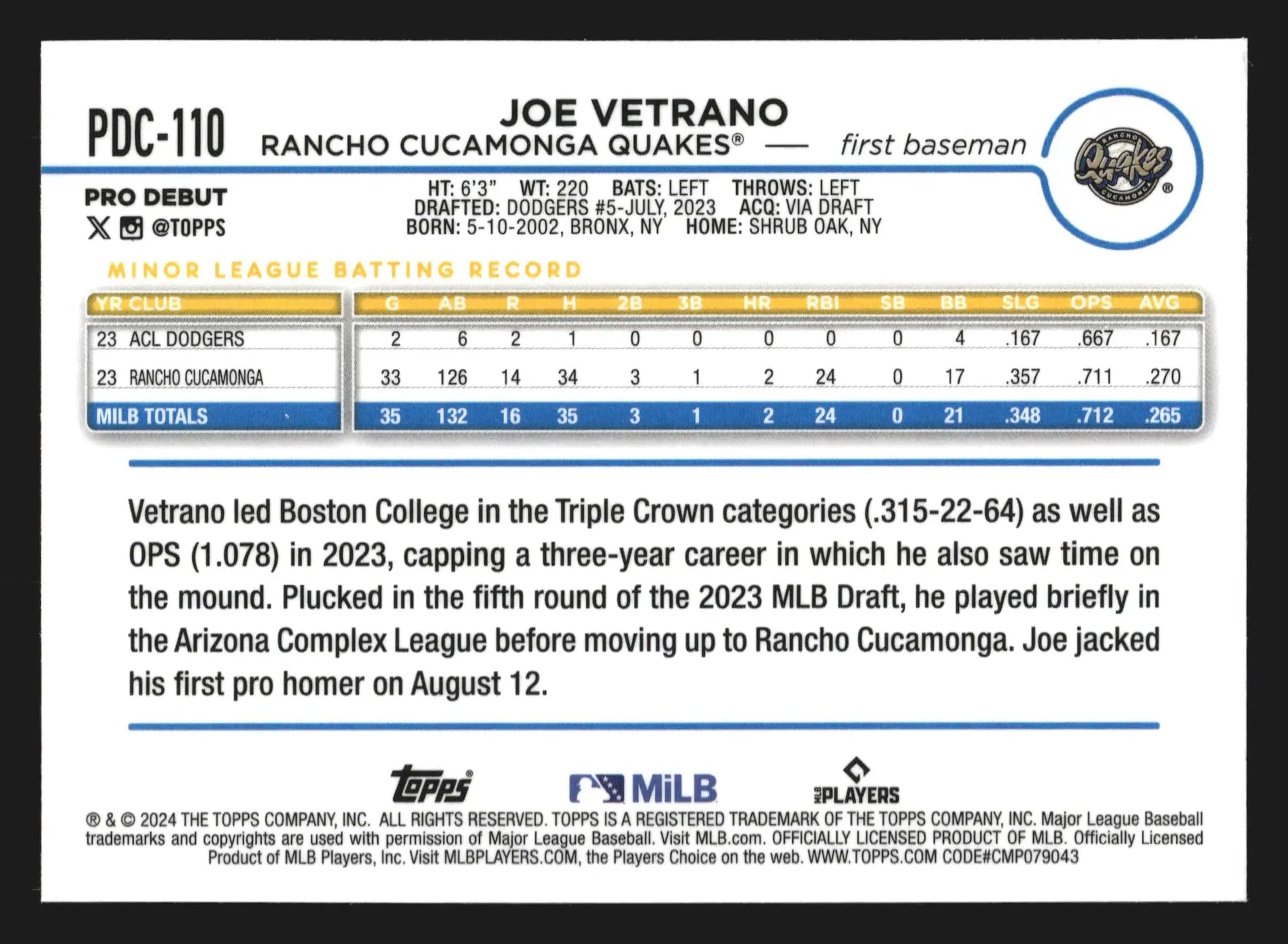 2024 Topps Pro Debut Chrome Joe Vetrano #PDC-110 Refractor Quakes - Baseball Card Single
