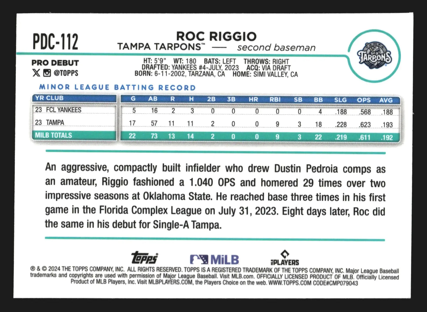 2024 Topps Pro Debut Chrome #PDC-112 Roc Riggio Tampa Tarpons Yankees - Baseball Card Single