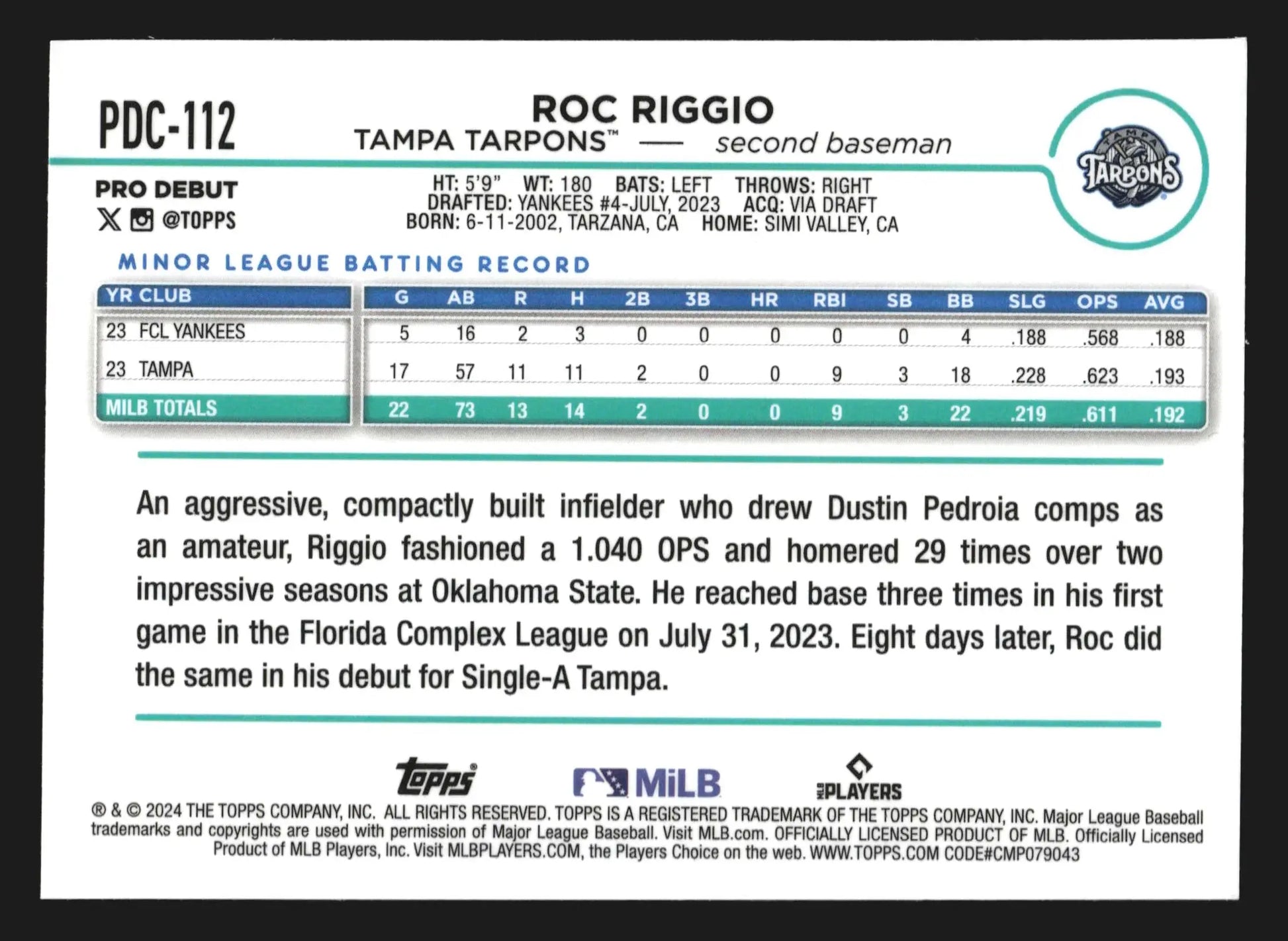 2024 Topps Pro Debut Chrome #PDC-112 Roc Riggio Tampa Tarpons Yankees - Baseball Card Single