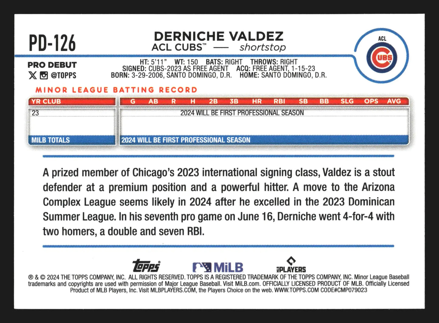 2024 Topps Pro Debut Derniche Valdez #PD-126 ACL Cubs - Baseball Card Single