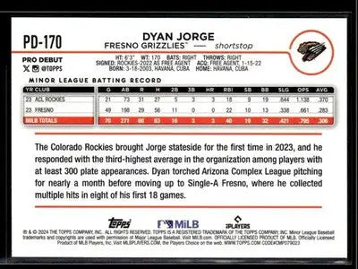 2024 Topps Pro Debut Dyan Jorge #PD-170 Fresno Grizzlies