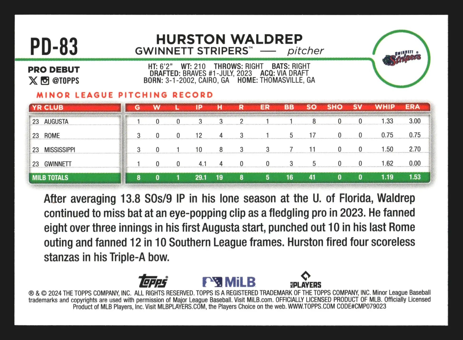 2024 Topps Pro Debut Hurston Waldrep #PD-83 Gwinnett Stripers Braves - Baseball Card Single