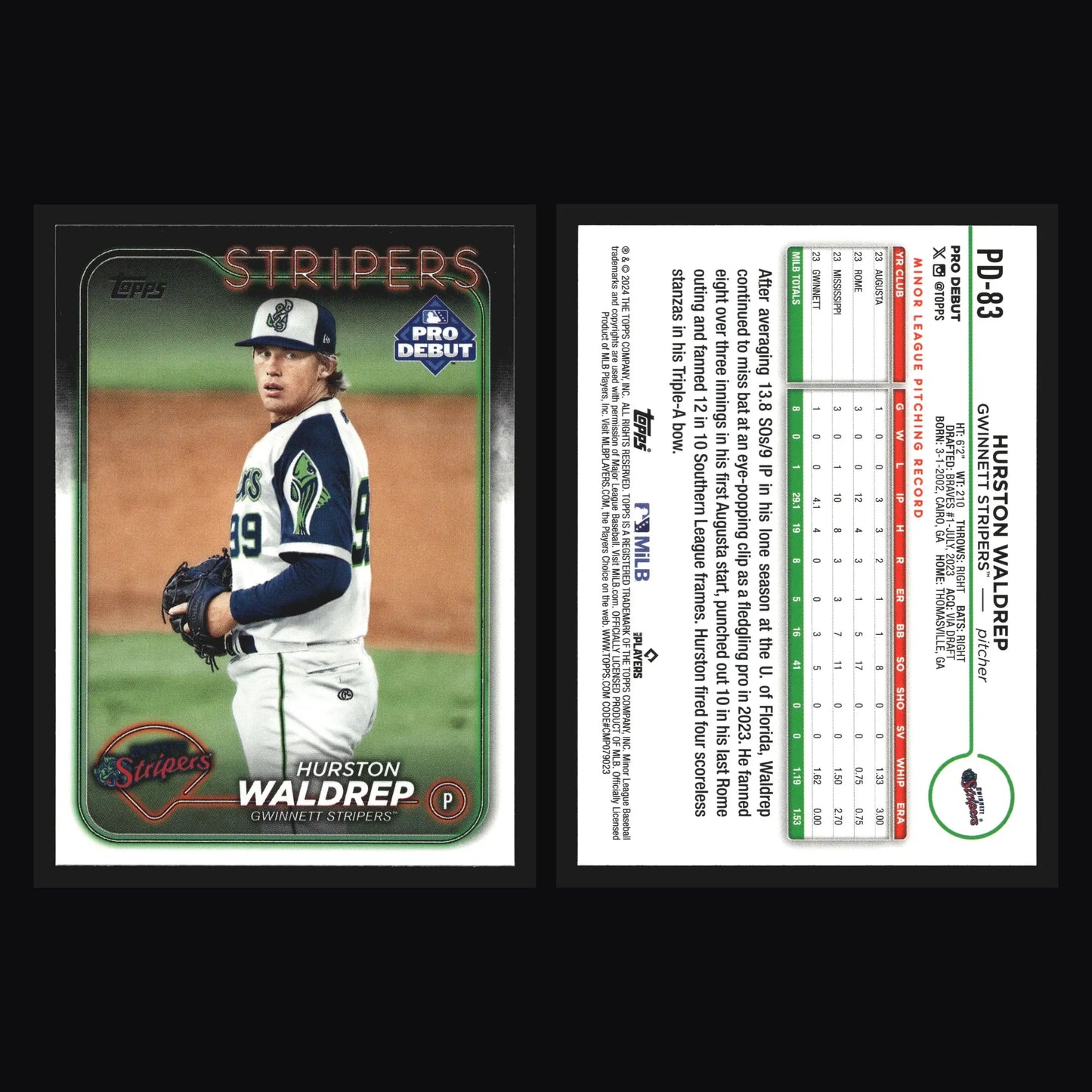 2024 Topps Pro Debut Hurston Waldrep #PD-83 Gwinnett Stripers Braves - Baseball Card Single