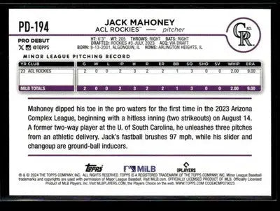 2024 Topps Pro Debut Jack Mahoney #PD-194 ACL Rockies