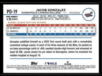 2024 Topps Pro Debut Jacob Gonzalez #PD-19 Kannapolis Cannon Ballers