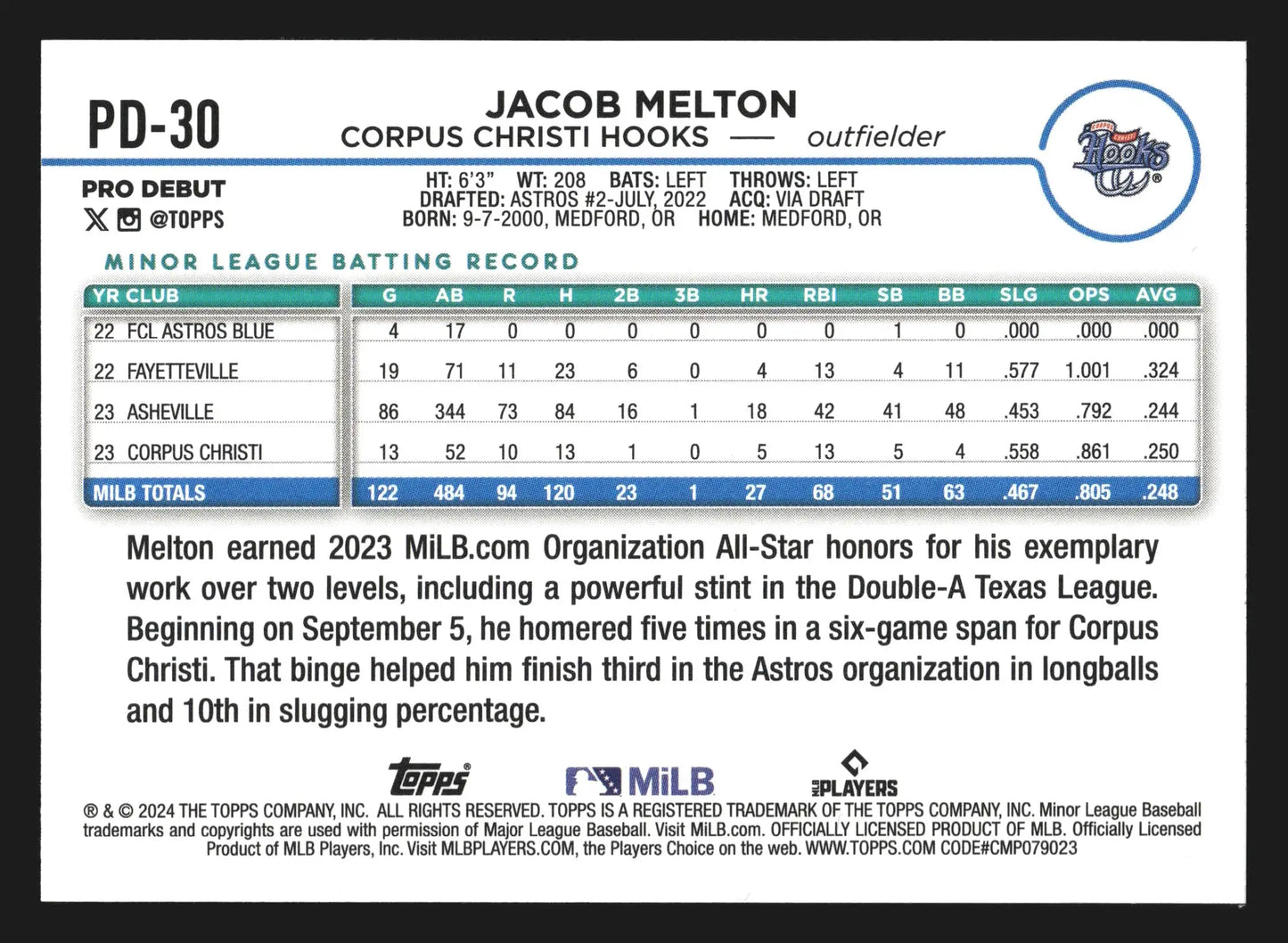 2024 Topps Pro Debut Jacob Melton #PD-30 Corpus Christi Hooks Astros - Baseball Card Single