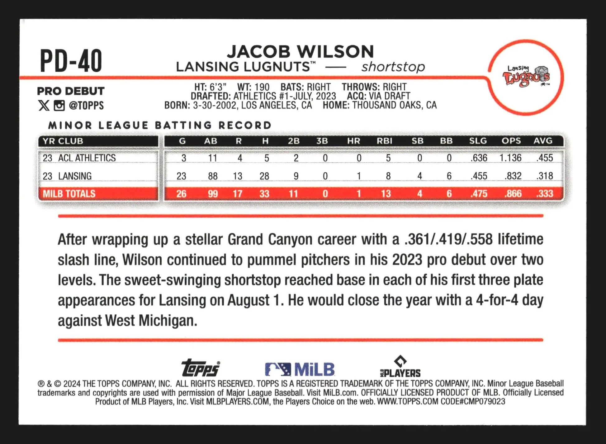 2024 Topps Pro Debut Jacob Wilson #PD-40 Lansing Lugnuts Athletics - Baseball Card Single