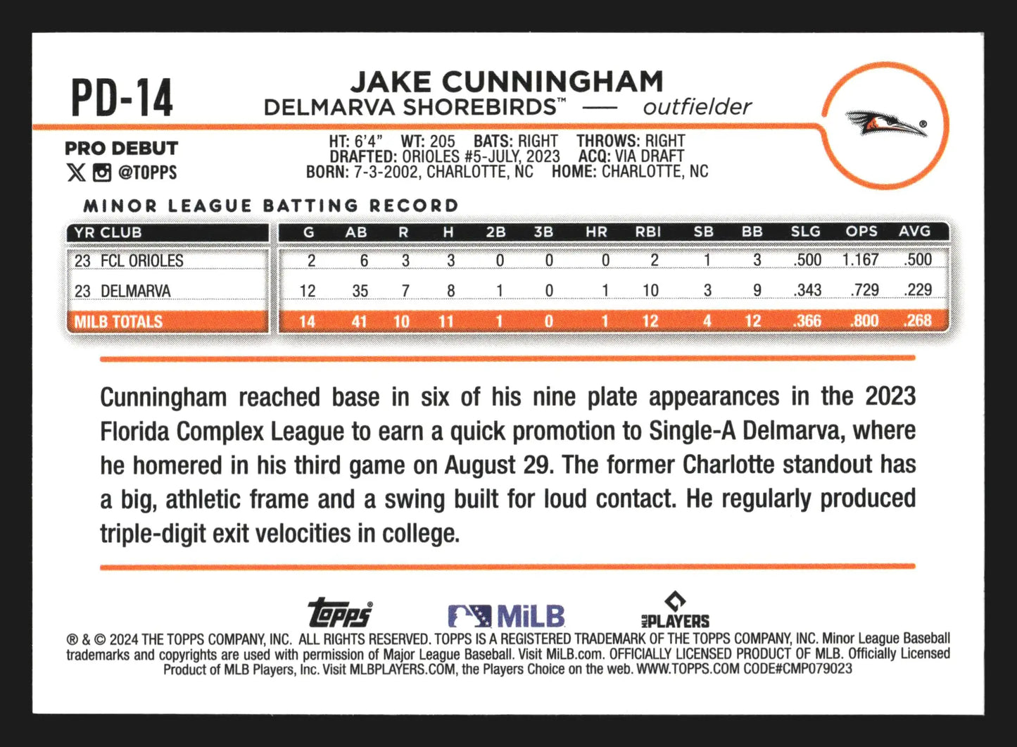 2024 Topps Pro Debut Jake Cunningham #PD-14 Delmarva Shorebirds - Baseball Card Single