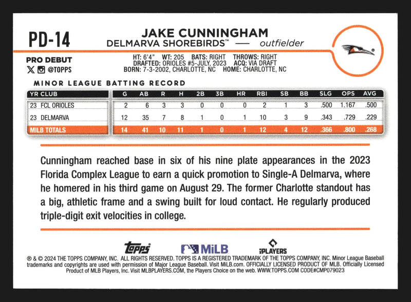 2024 Topps Pro Debut Jake Cunningham #PD-14 Delmarva Shorebirds - Baseball Card Single