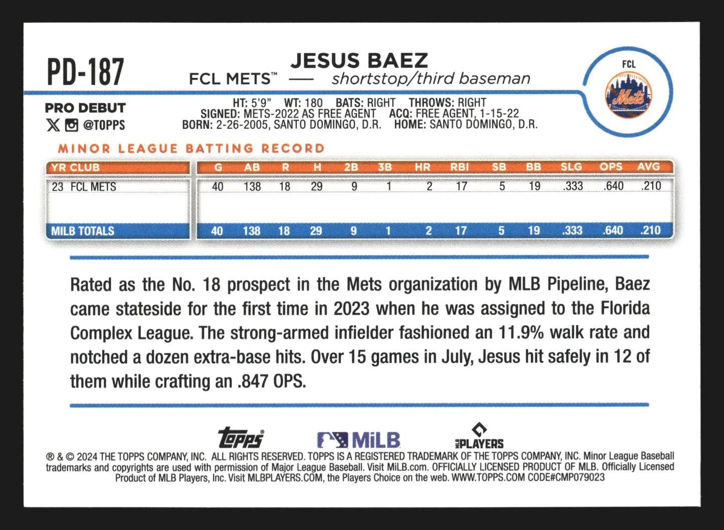 2024 Topps Pro Debut Jesus Baez #PD-187 FCL Mets - Baseball Card Single