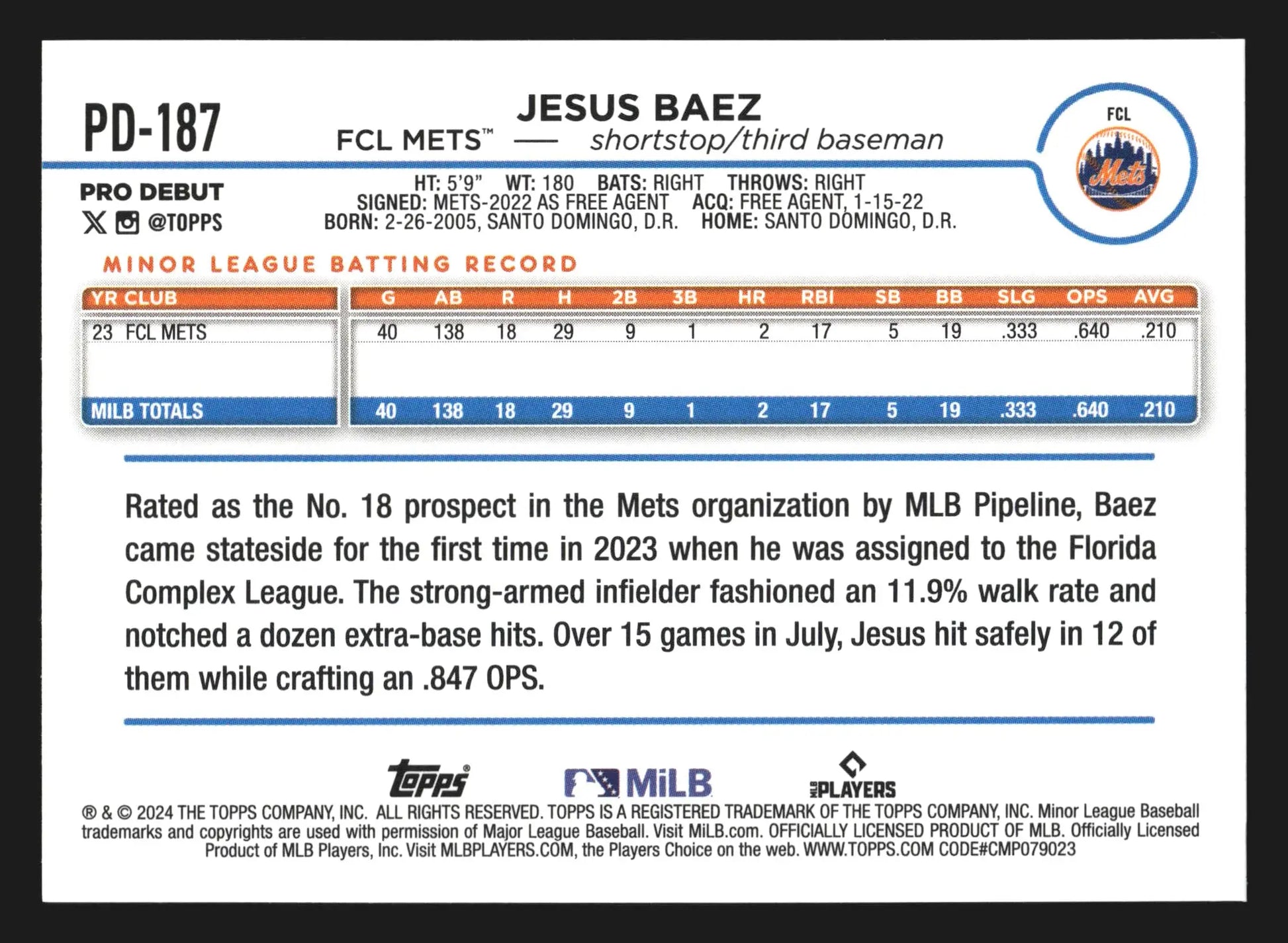 2024 Topps Pro Debut Jesus Baez #PD-187 FCL Mets - Baseball Card Single