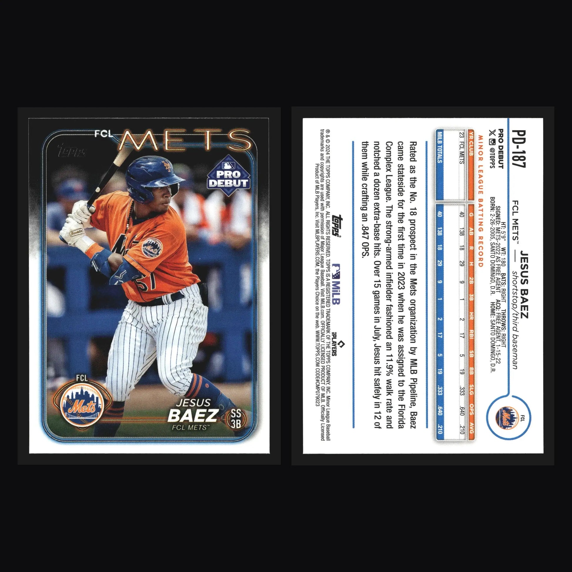 2024 Topps Pro Debut Jesus Baez #PD-187 FCL Mets - Baseball Card Single