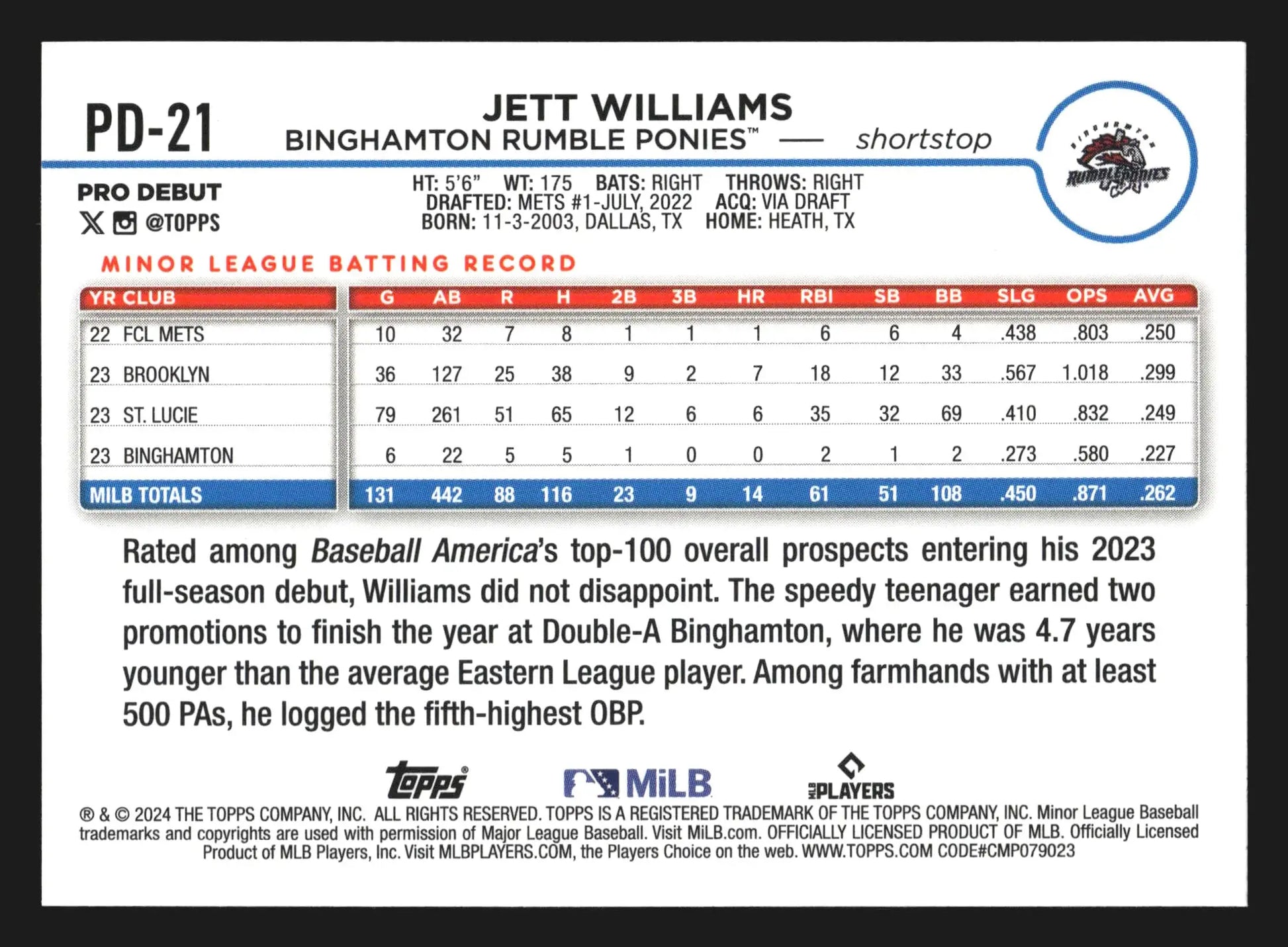 2024 Topps Pro Debut Jett Williams #PD-21 Binghamton Rumble Ponies Mets - Baseball Card Single