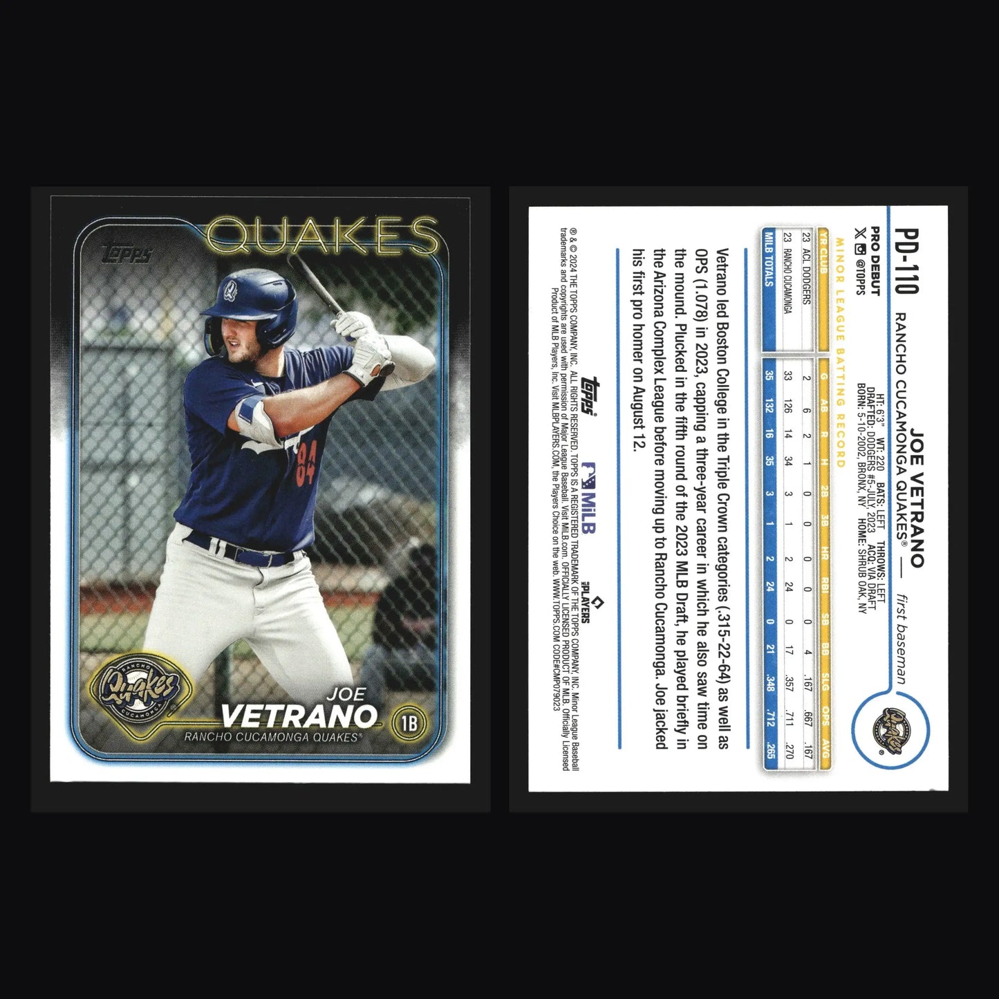 2024 Topps Pro Debut Joe Vetrano #PD-110 Rancho Cucamonga Quakes - Baseball Card Single