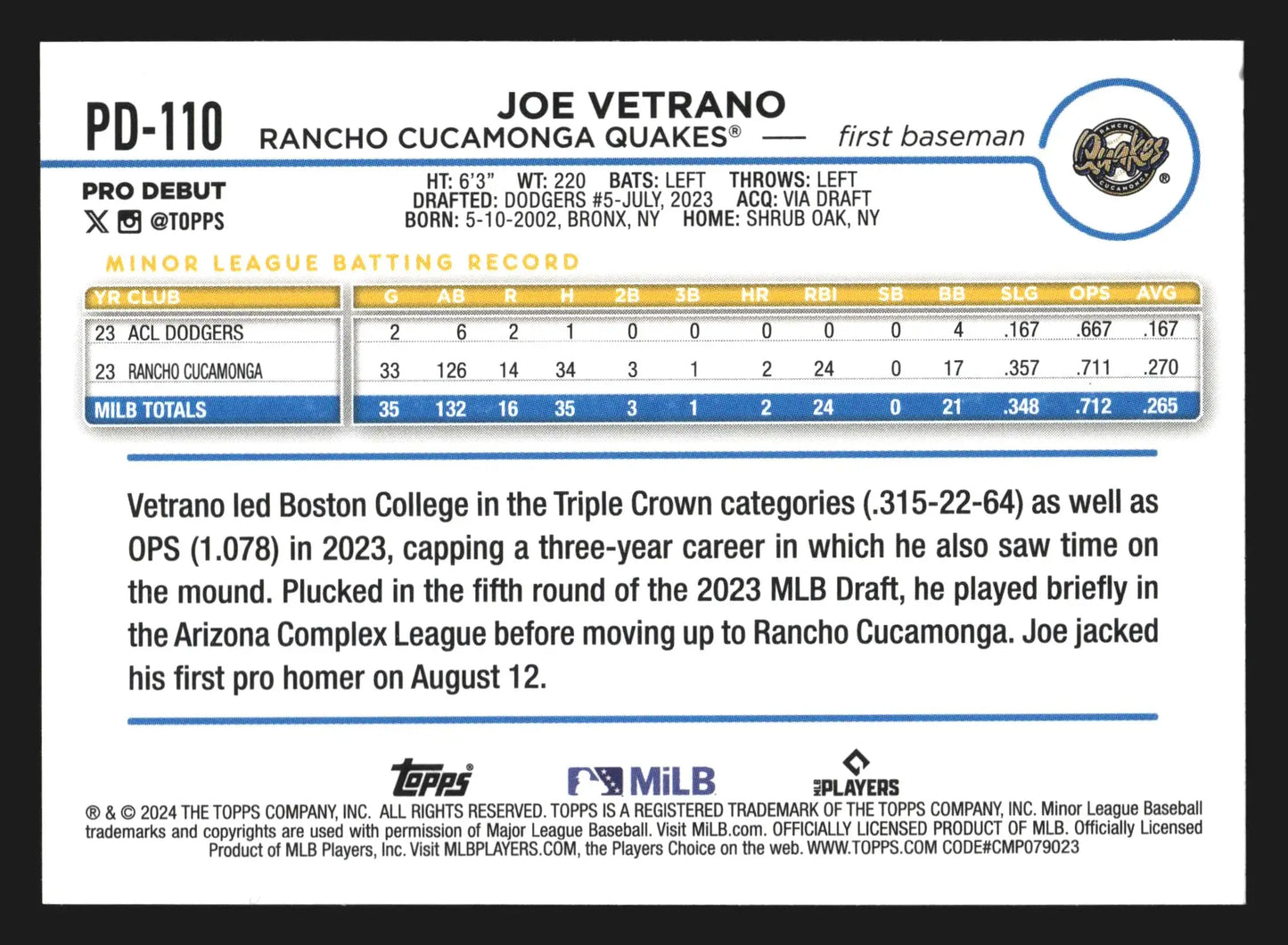 2024 Topps Pro Debut Joe Vetrano #PD-110 Rancho Cucamonga Quakes - Baseball Card Single