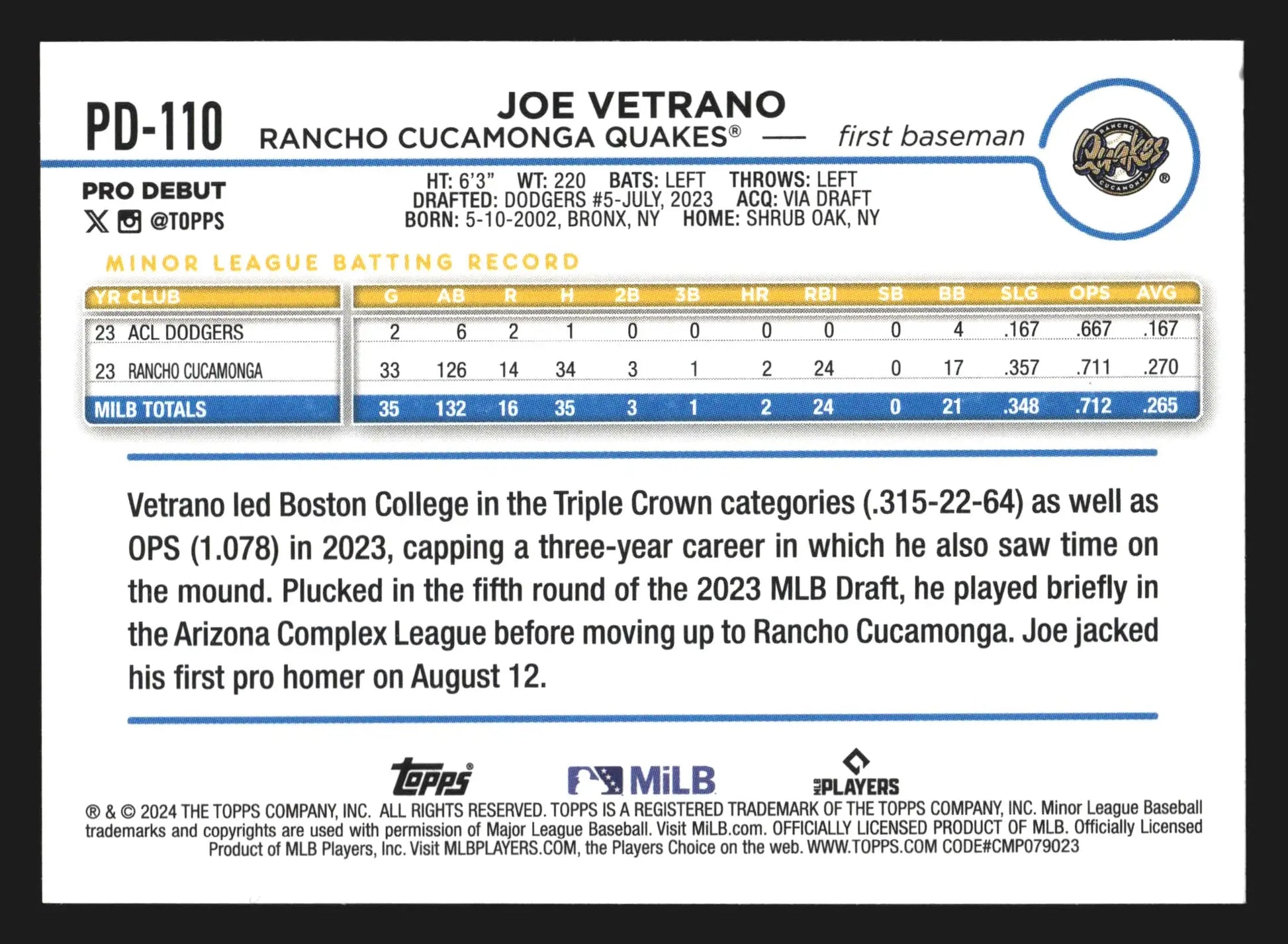 2024 Topps Pro Debut Joe Vetrano #PD-110 Rancho Cucamonga Quakes - Baseball Card Single