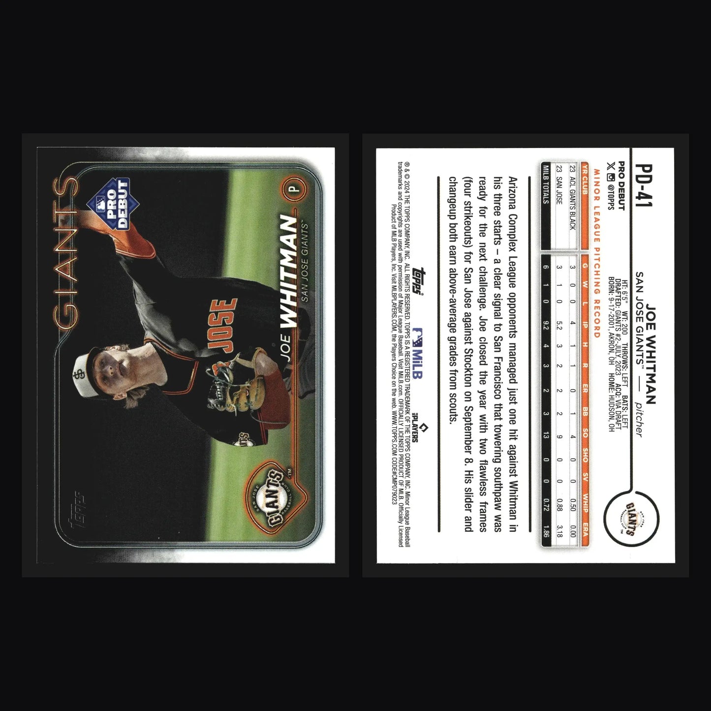2024 Topps Pro Debut Joe Whitman #PD-41 San Jose Giants - Baseball Card Single