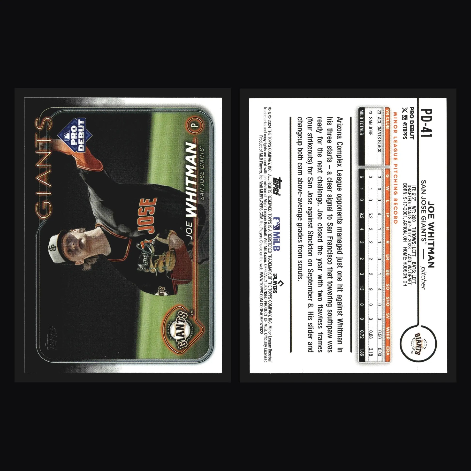 2024 Topps Pro Debut Joe Whitman #PD-41 San Jose Giants - Baseball Card Single