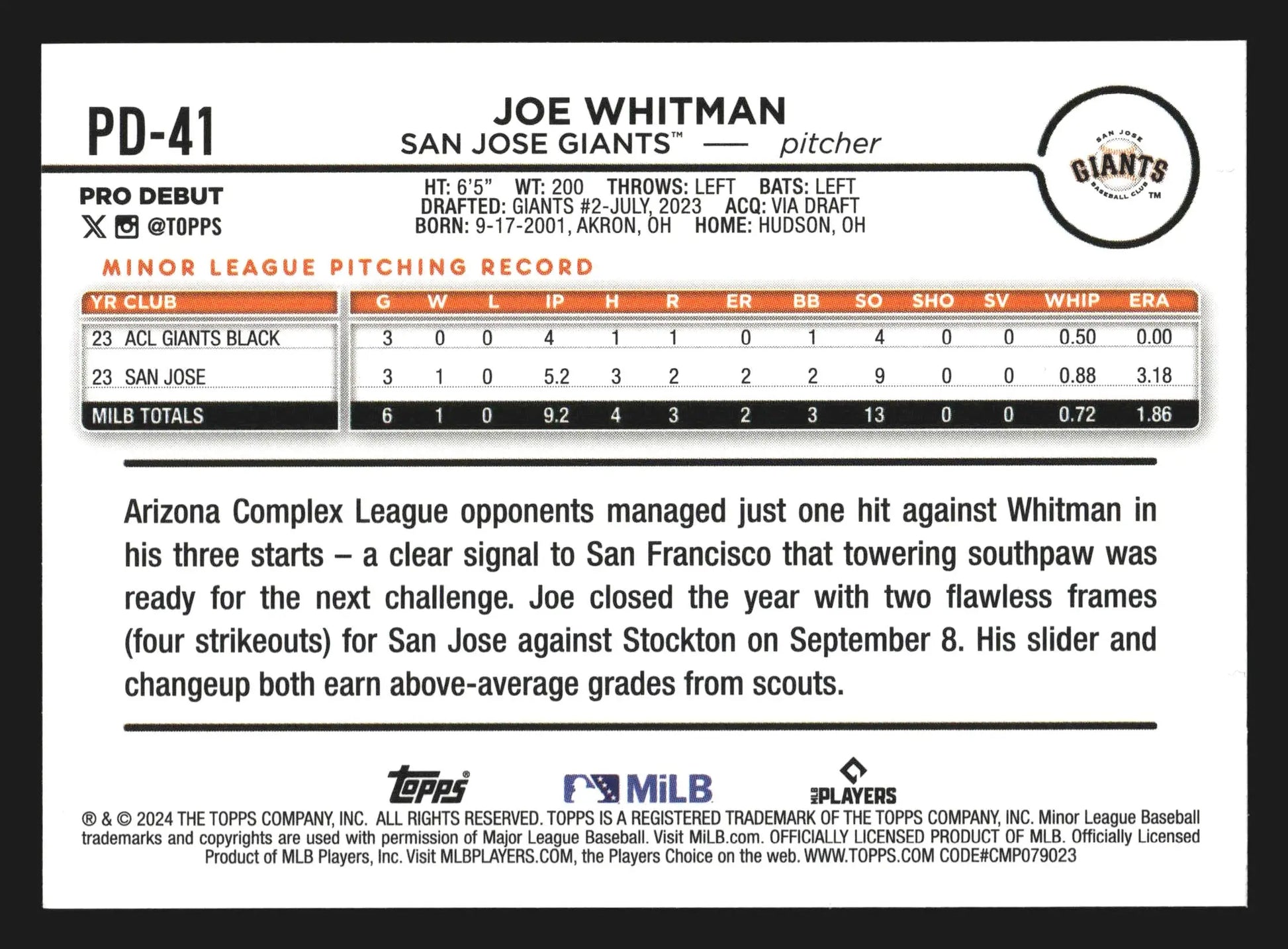 2024 Topps Pro Debut Joe Whitman #PD-41 San Jose Giants - Baseball Card Single
