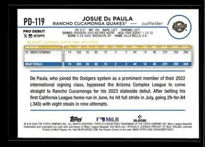 2024 Topps Pro Debut Josue De Paula #PD-119 Rancho Cucamonga Quakes