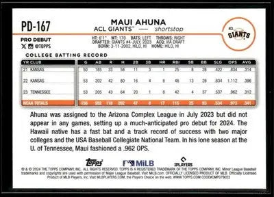 2024 Topps Pro Debut Maui Ahuna #PD-167 ACL Giants