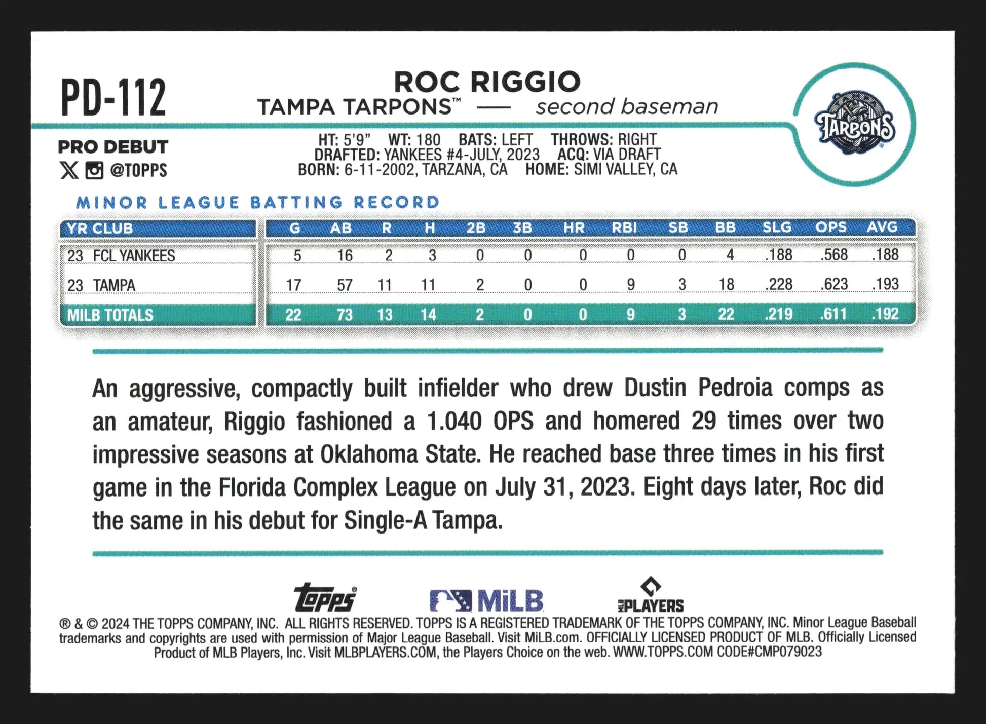 2024 Topps Pro Debut #PD-112 Roc Riggio Tampa Tarpons Yankees - Baseball Card Single