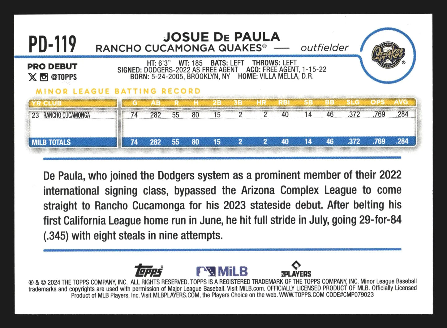 2024 Topps Pro Debut #PD-119 Josue De Paula Rancho Cucamonga Quakes Dodgers