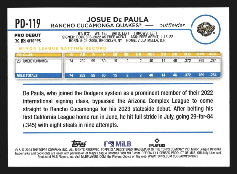 2024 Topps Pro Debut #PD-119 Josue De Paula Rancho Cucamonga Quakes Dodgers