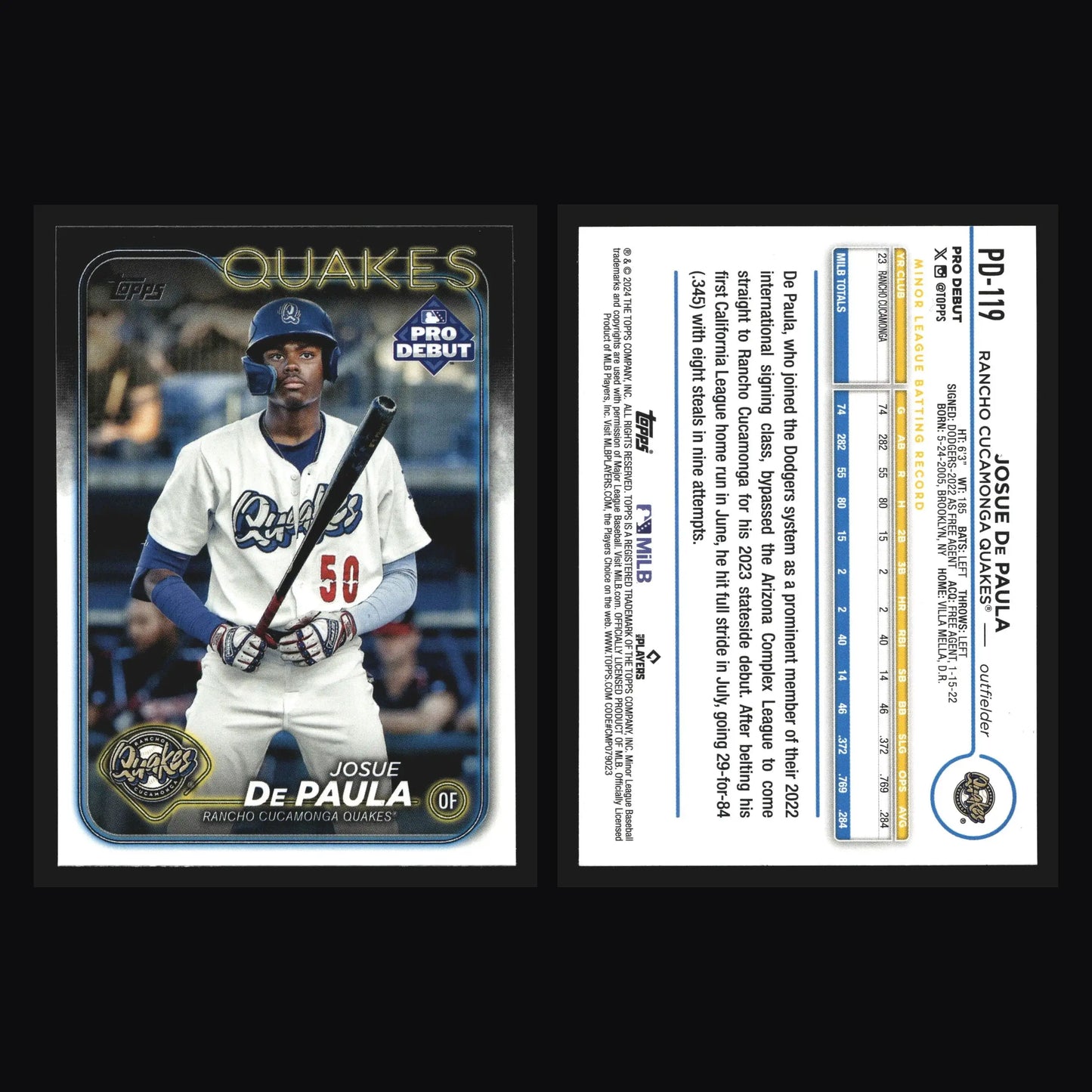 2024 Topps Pro Debut #PD-119 Josue De Paula Rancho Cucamonga Quakes Dodgers