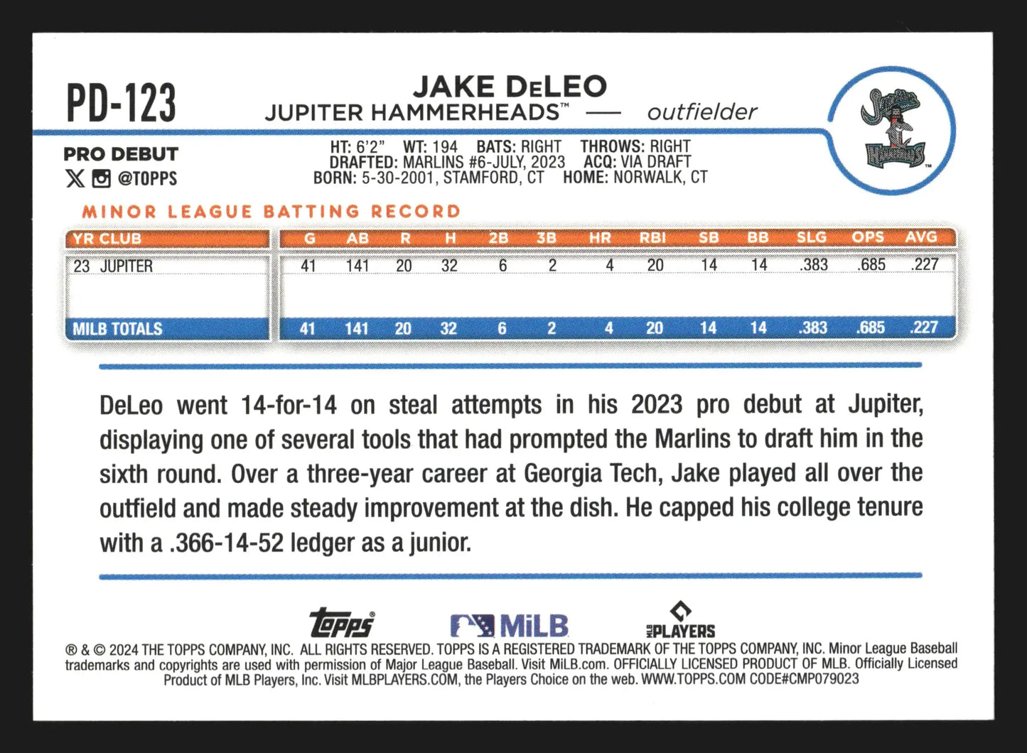 2024 Topps Pro Debut #PD-123 Jake DeLeo Jupiter Hammerheads Marlins