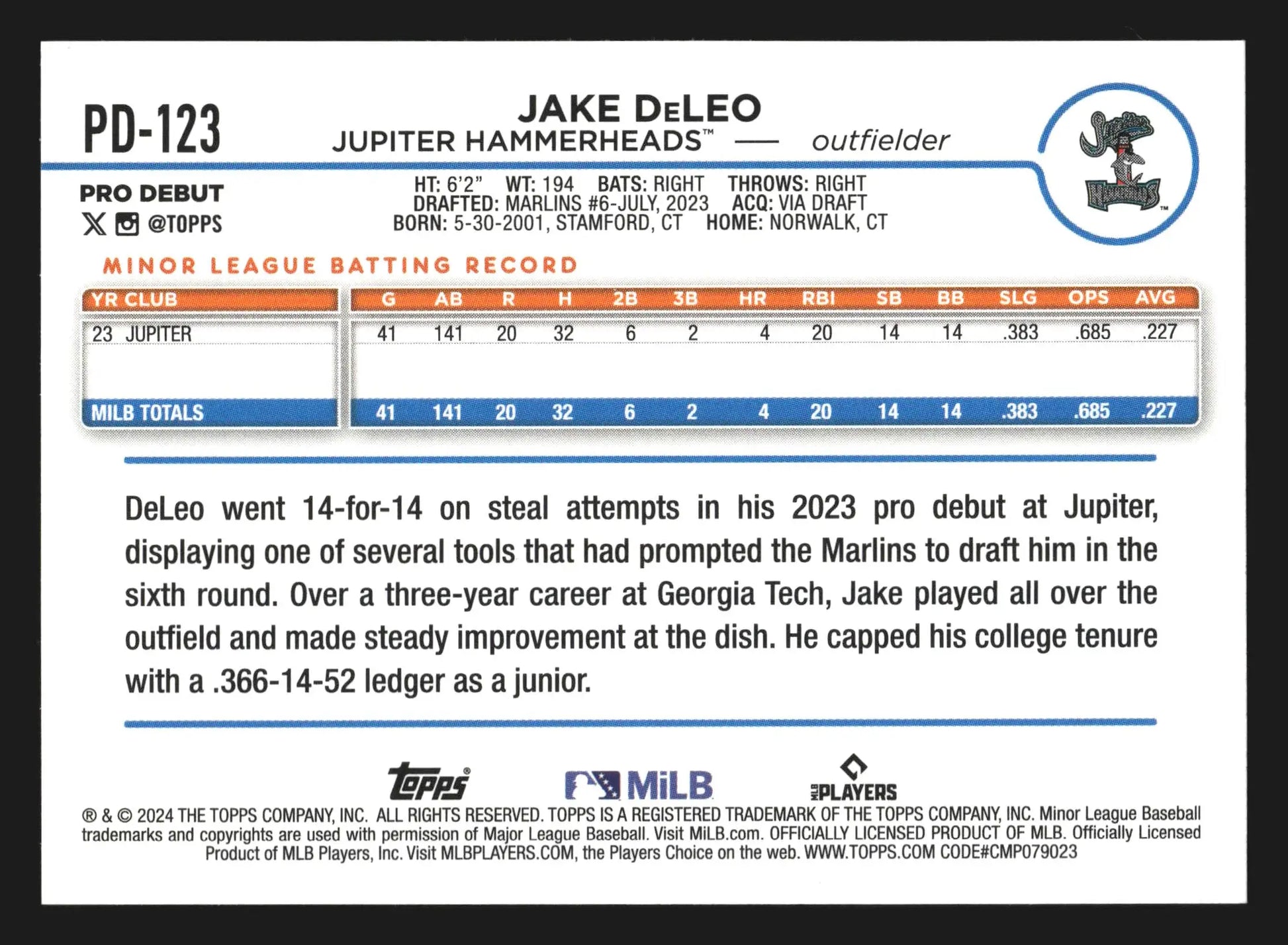 2024 Topps Pro Debut #PD-123 Jake DeLeo Jupiter Hammerheads Marlins