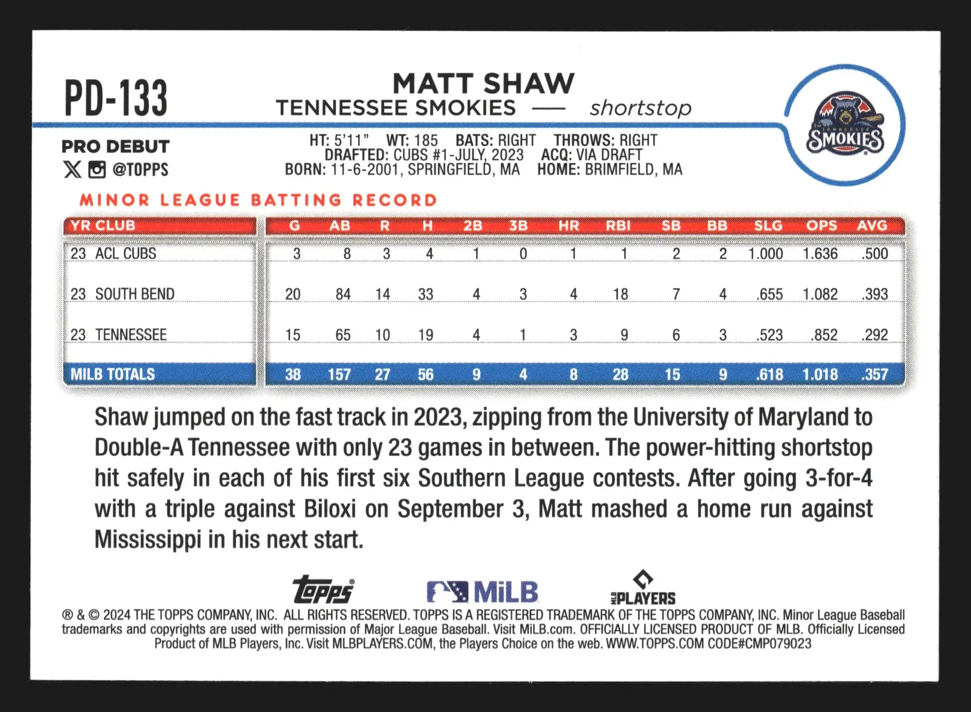 2024 Topps Pro Debut #PD-133 Matt Shaw Tennessee Smokies Cubs - Baseball Card Single