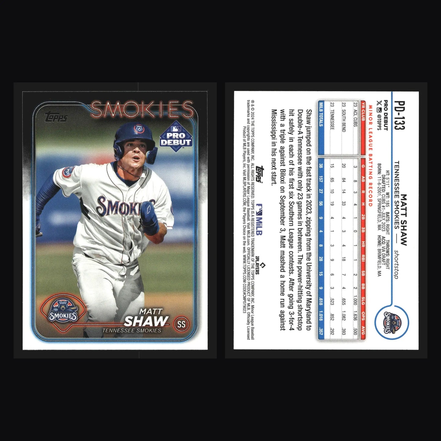 2024 Topps Pro Debut #PD-133 Matt Shaw Tennessee Smokies Cubs - Baseball Card Single