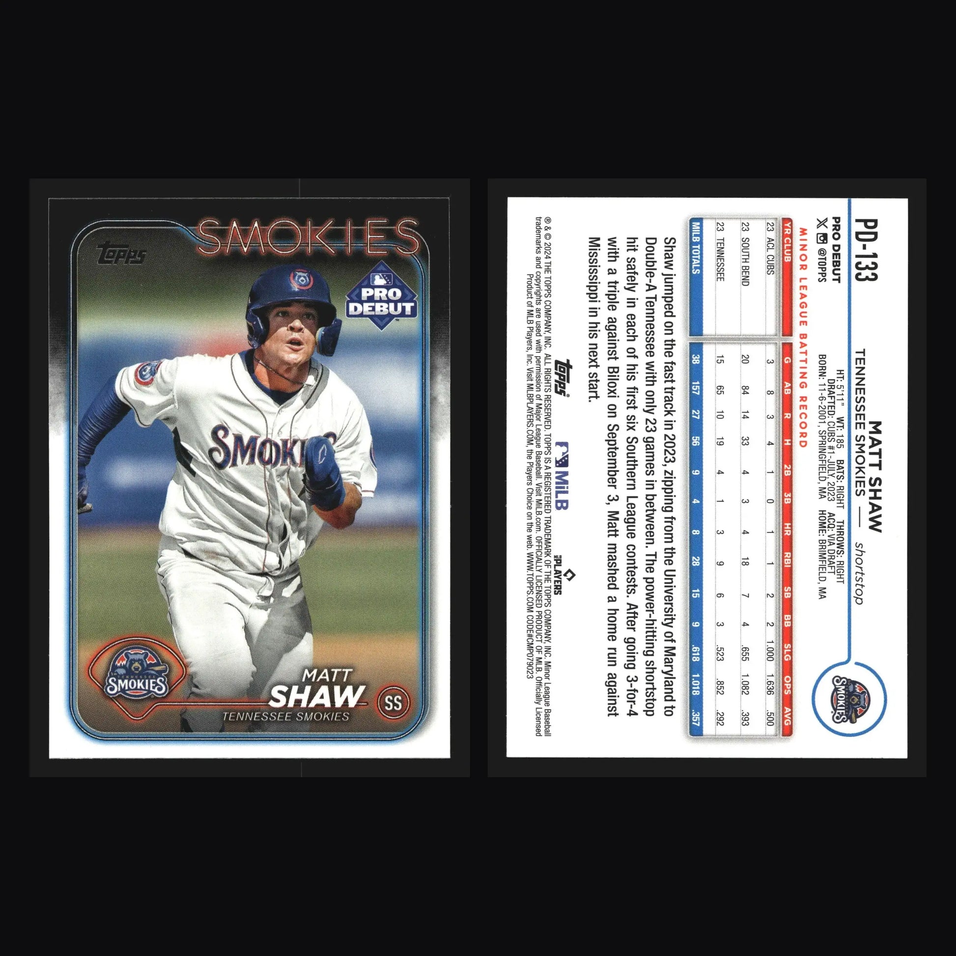 2024 Topps Pro Debut #PD-133 Matt Shaw Tennessee Smokies Cubs - Baseball Card Single