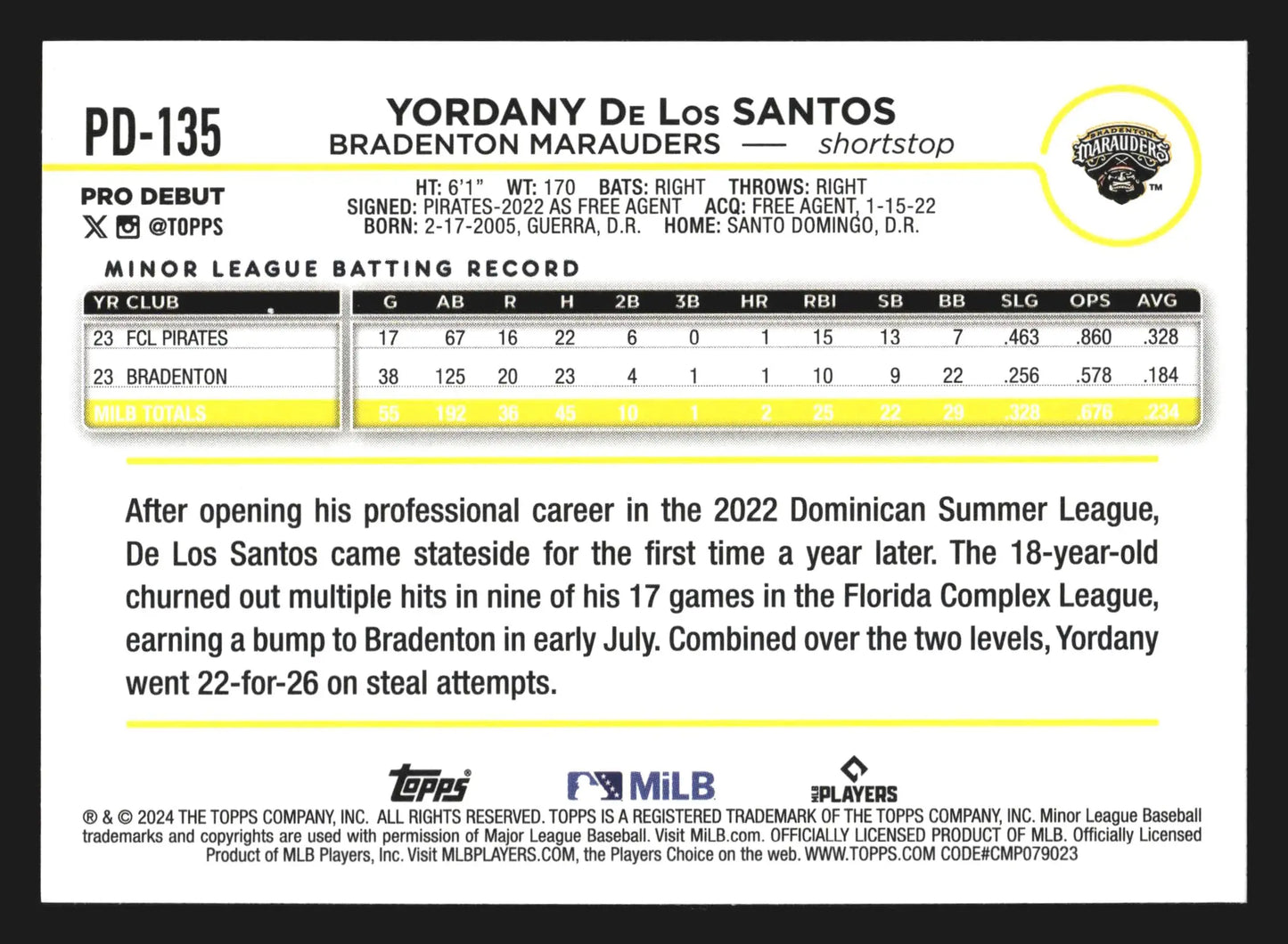 2024 Topps Pro Debut #PD-135 Yordany De Los Santos Bradenton Marauders